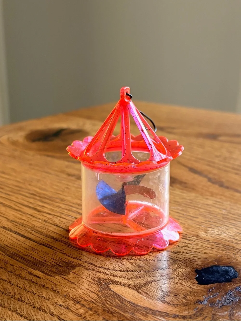 Vintage Birdcage Spinner Twinkler Christmas Tree Ornament Pink Plastic Glitter